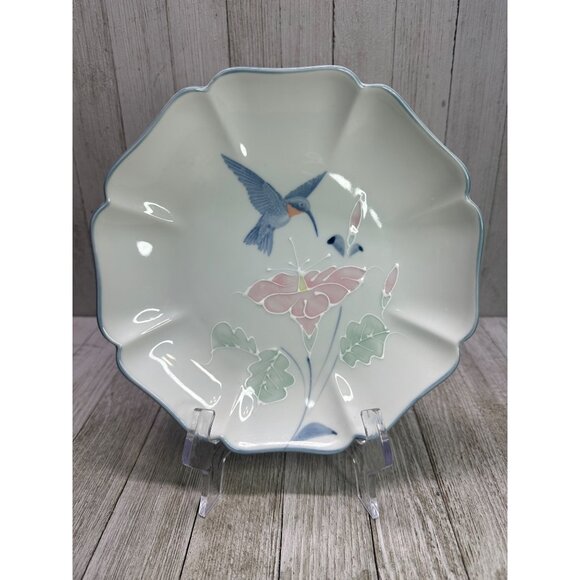 Vtg Otagiri Plate Octagonal Lotus & Hummingbird Design Blue Trim 8.5'' Japan - Picture 1 of 6